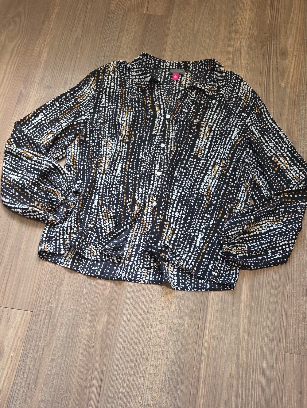 Vince Camuto Stylish Black Dot-Print Button-Up Blouse
